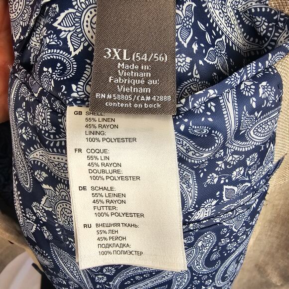 Oak Hill 3XL Linen Blend Blazer Tan Blue Paisley Lining Made in Vietnam - Picture 4 of 5